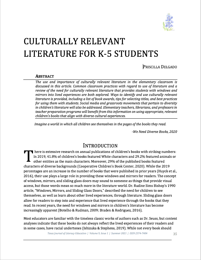 First page of the article "Culturally Relevant Literaturer for K-5 Students