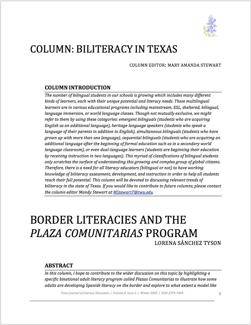 First page of Sánchez Tyson Biliteracy Column