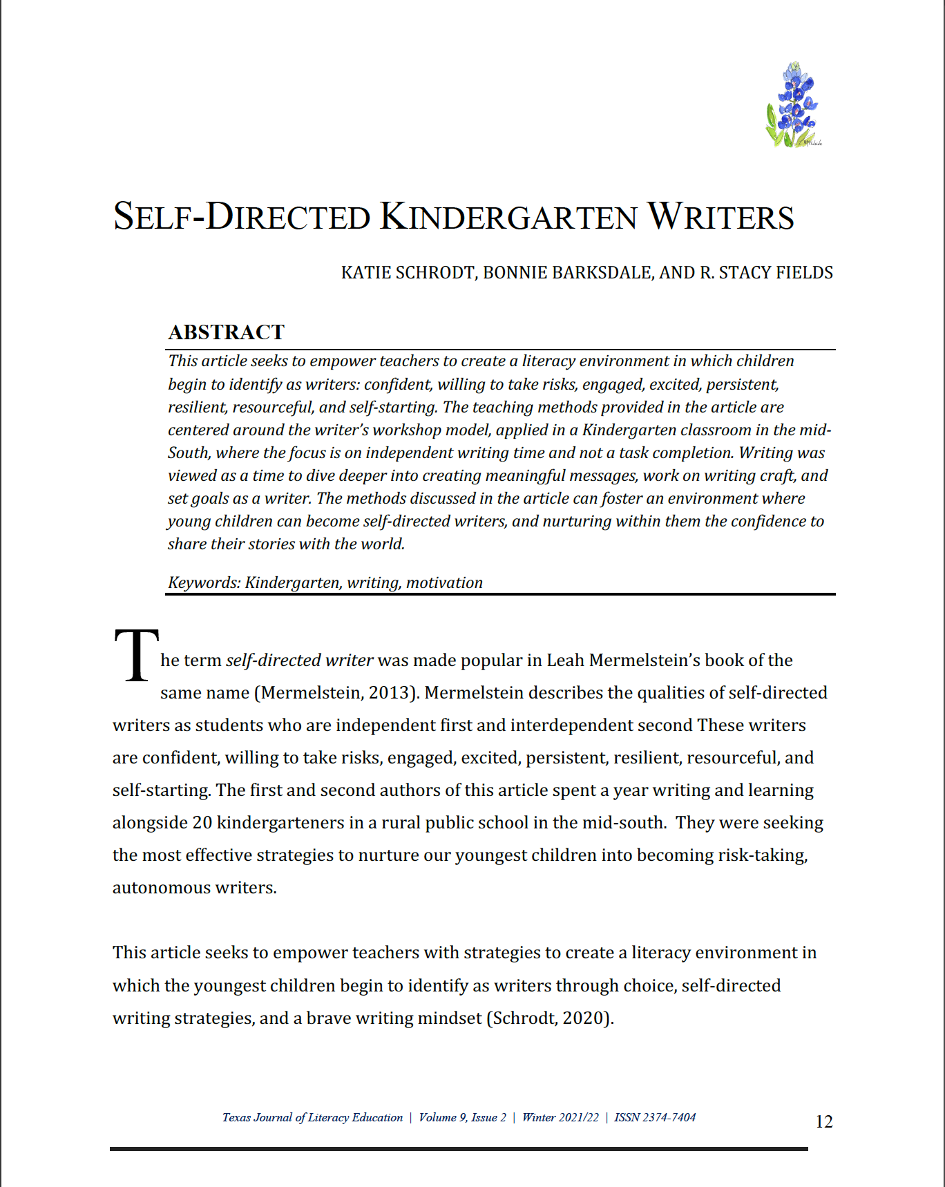 screenshot of first page of Schrodt et al. article "Self-Directed" Kindergarten Writers