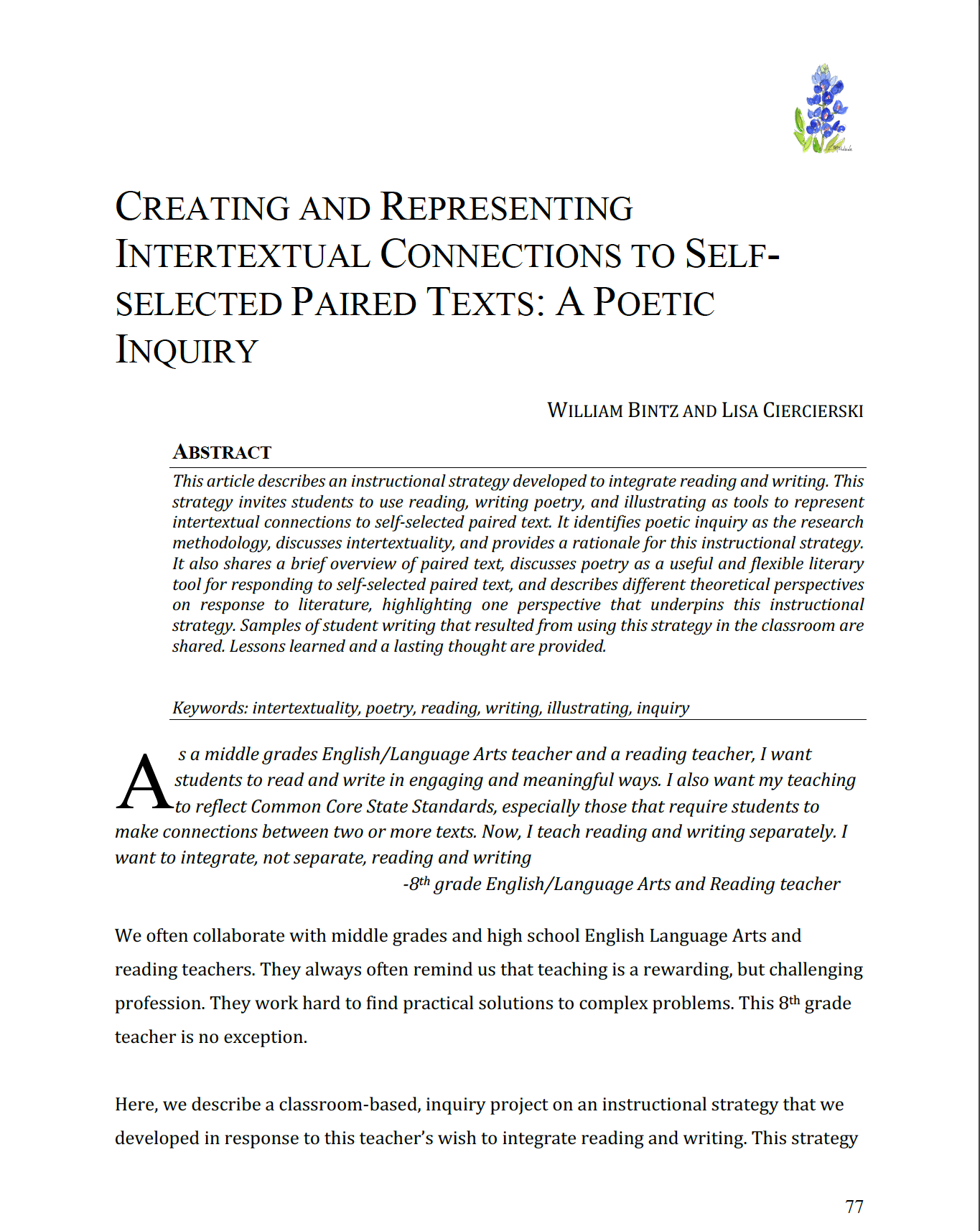 screenshot of cover page of Bintz and Ciercierski article "Creating and Representing Intertextual Connections to Self-selected Paired Texts"